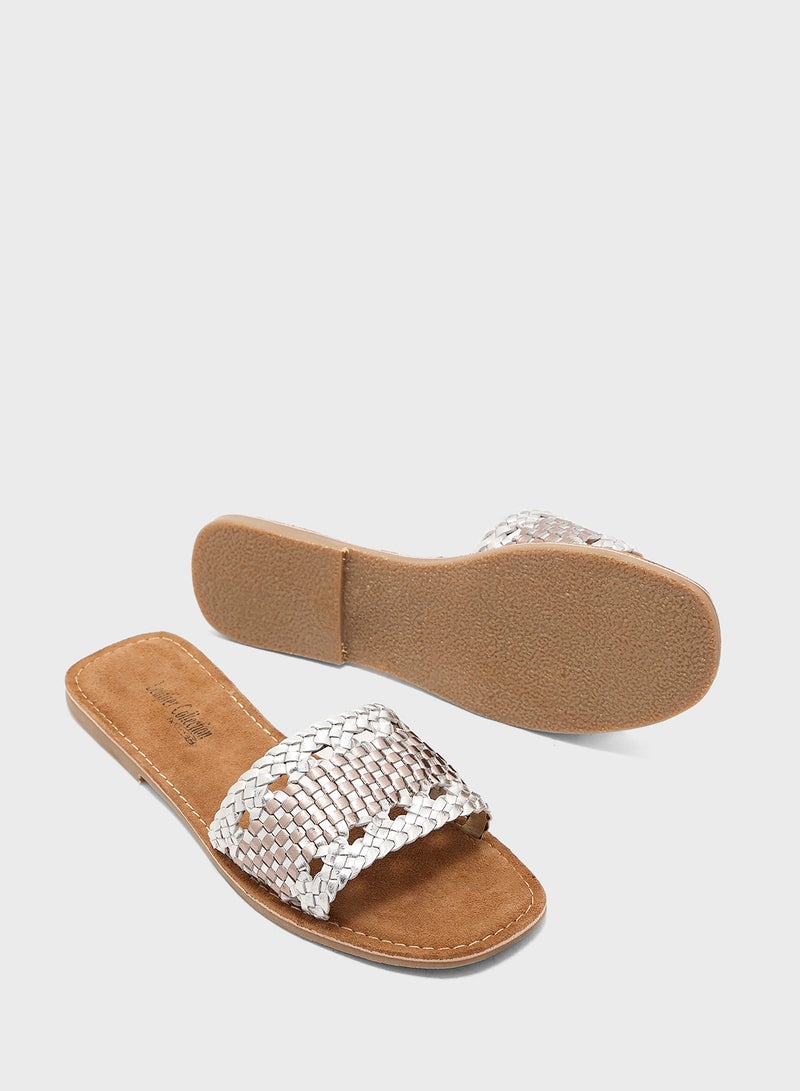 LEATHER COLLECTION Cut Out Metallic Flat Sandal - Image 3