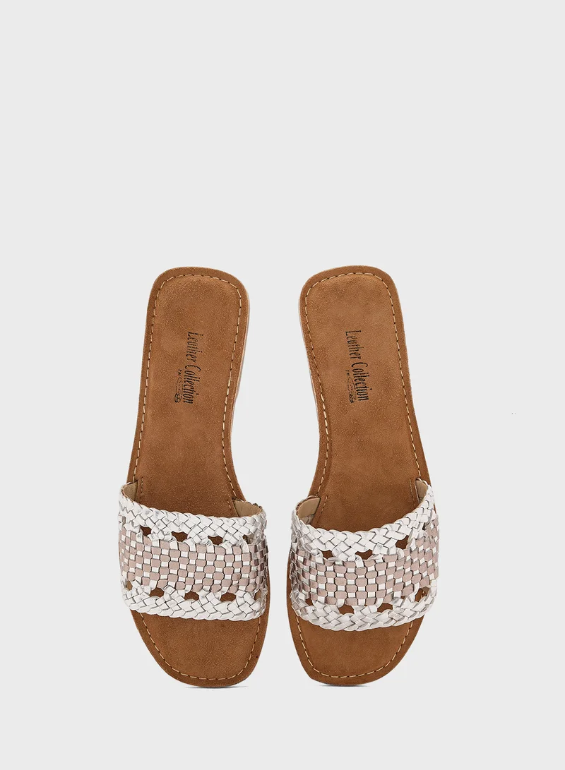 LEATHER COLLECTION Cut Out Metallic Flat Sandal