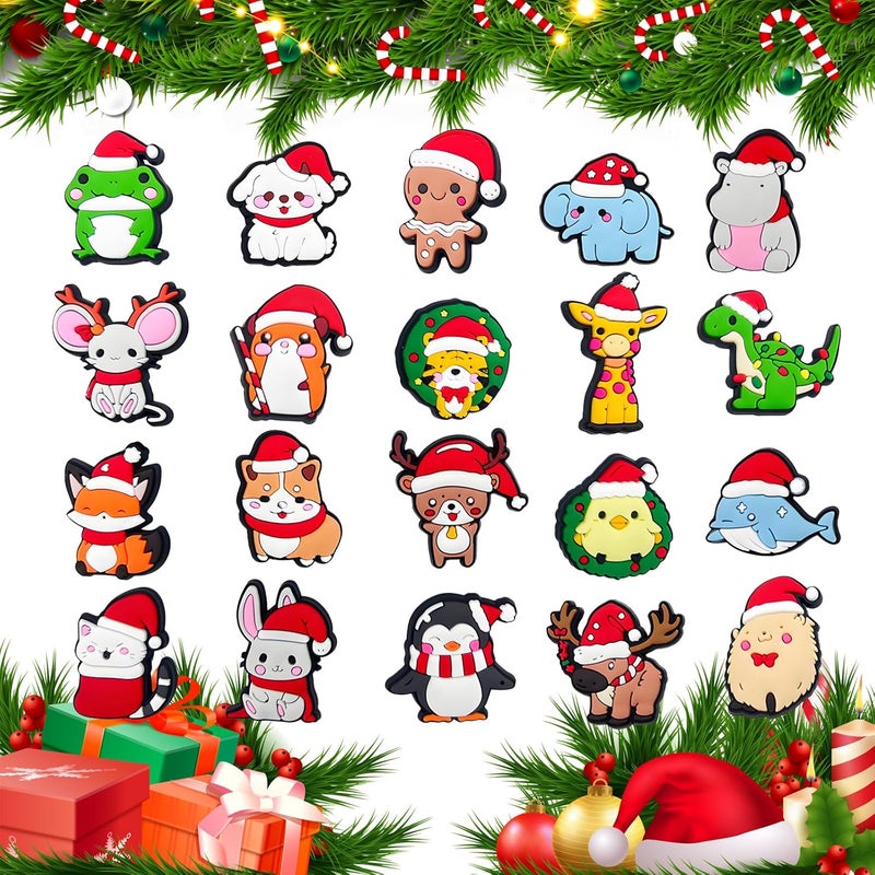 20 x Christmas Themed Animal Shoe Charms, Frog Giraffe Fox Dog Shoe Charms for Crocs Sandals Clogs Bracelet, Xmas PVC Clog Charms, Gift for Boys Girls Children - Image 1