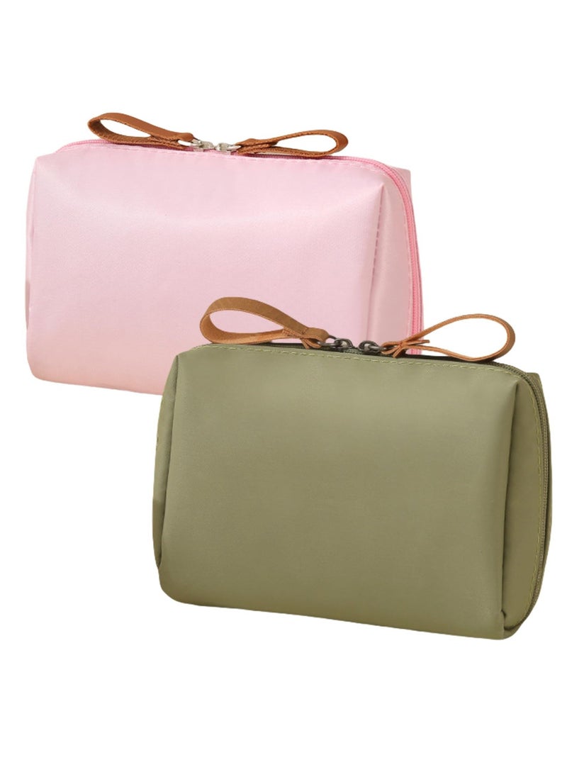Travel Makeup Bag, Large Capacity Cosmetic Bags for Women, Waterproof Portable Pouch Open Flat Toiletry Bag, Make up Organizer with Divider and Handle (Pink+Green) - Image 1
