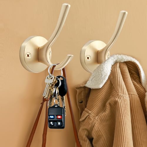 TOFIIGREM Gold Coat Hooks for Wall, 2 Pack Heavy Duty Towel Robe Hooks, Hats Hooks for Entryway Cubicle Closet Mudroom Bathroom Garage - Image 2
