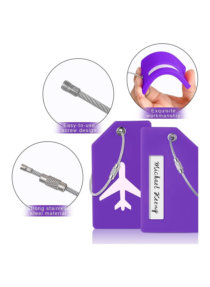 5 Pack Silicone Luggage Tags - Colorful Anti-Lost Suitcase ID Tags with Name Card, Unique Purple Design & Durable Stainless Steel Loops - Image 2