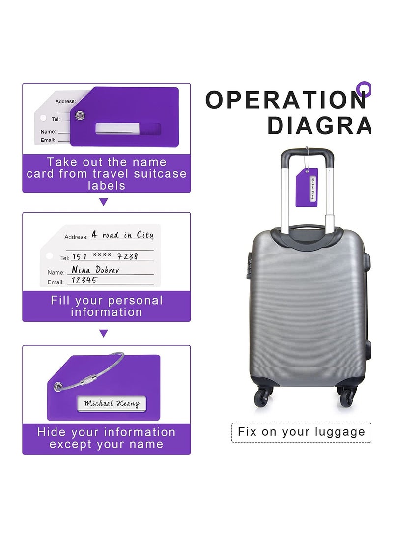 5 Pack Silicone Luggage Tags - Colorful Anti-Lost Suitcase ID Tags with Name Card, Unique Purple Design & Durable Stainless Steel Loops - Image 3