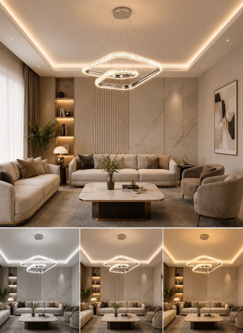 الثريات ثريا LED مودرن معلقة بتصميم هندسي فاخر – نجفة سقف باللون الفضي لغرفة المعيشة وغرفة الطعام والمجلس والمدخل – إضاءة داخلية عصرية - Image 2