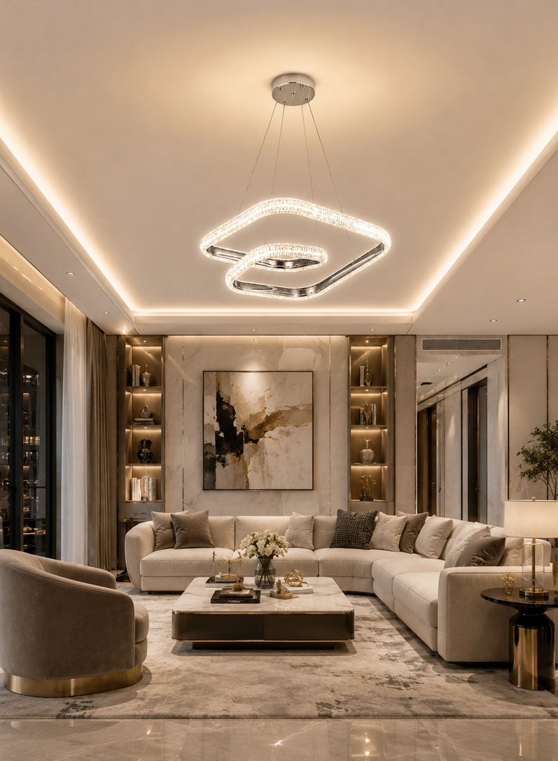 الثريات ثريا LED مودرن معلقة بتصميم هندسي فاخر – نجفة سقف باللون الفضي لغرفة المعيشة وغرفة الطعام والمجلس والمدخل – إضاءة داخلية عصرية - Image 5