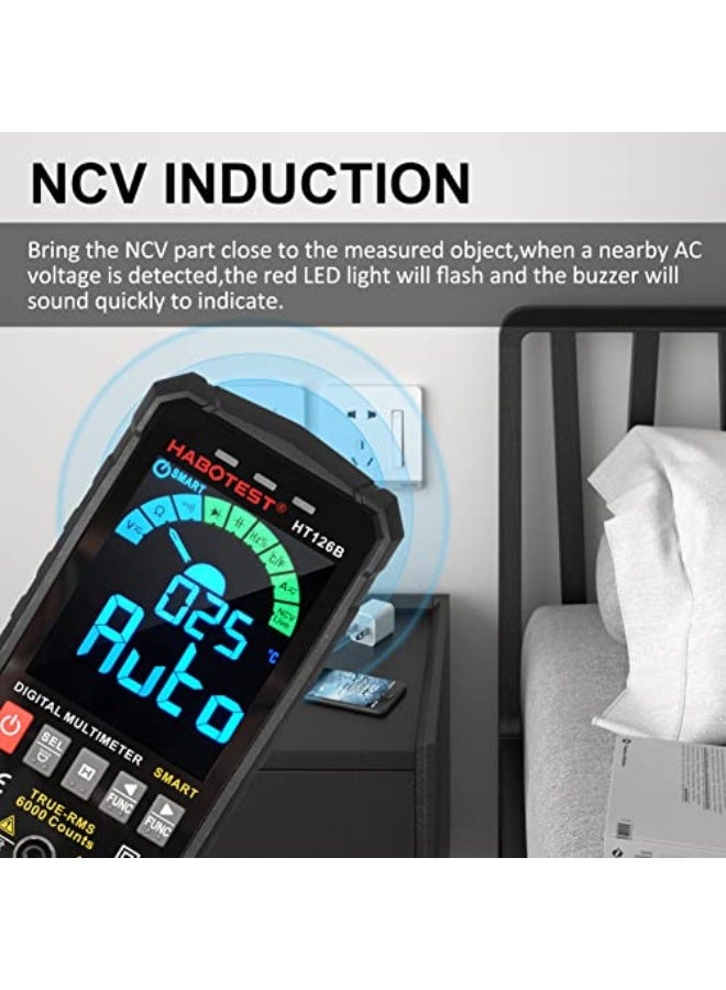 Multimeter, HT126B Smart Digital Multimeter 6000 Counts True RMS Auto-ranging VA Color Screen Electrical Tester Voltmeter Ammeter Temperature Measuring Multifunction AC DC Voltage t Capacitance - Image 2