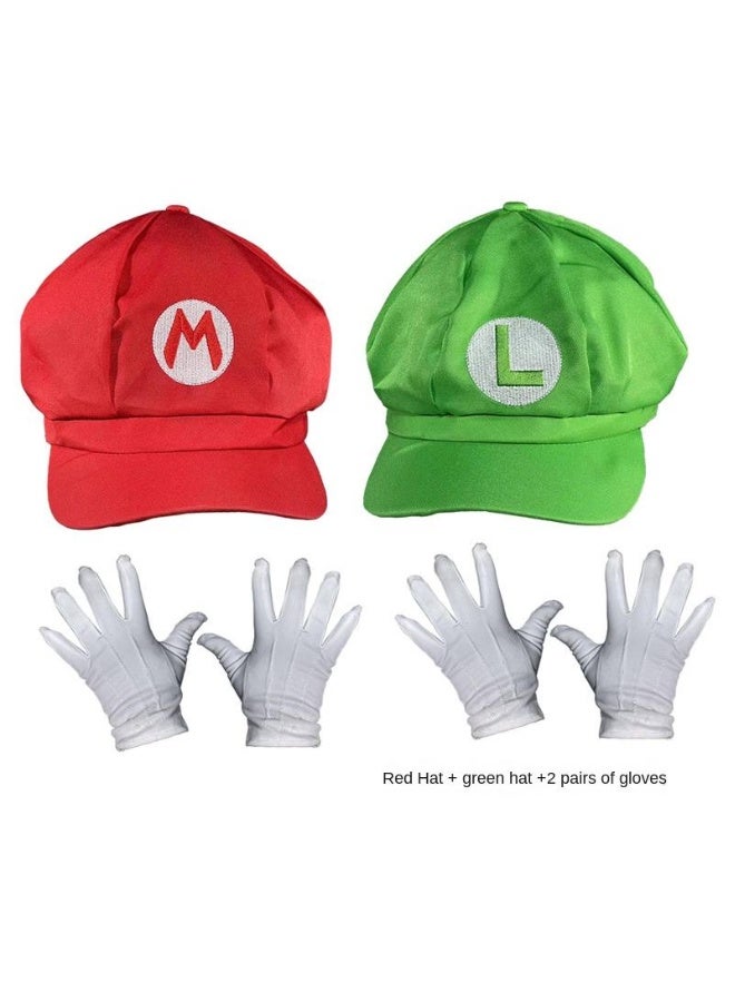 2 Pcs Super Brother Mario and Luigi Costume Hats+2 Pairs Of Gloves Video Game Role Cosplay Kits Mario Dress Up Set For Party Cosplay - Image 1