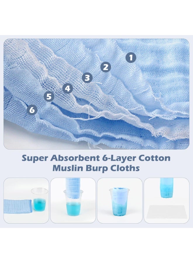 Maliton Baby Boy Muslin Burp Cloths 6 Pack Large 20''x10'' 100% Cotton Burp Rags Absorbent and Soft 6 Layers Baby Spit Up Rags Newborn Boy Essentials(Blue, Pack of 6) - Image 4