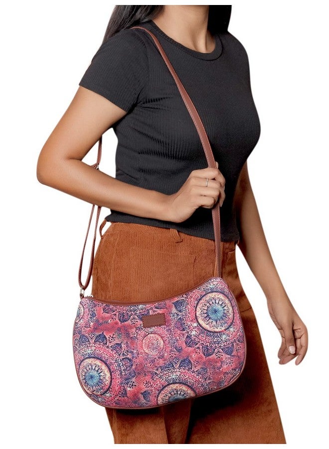 ZOUK حقيبة كتف نسائية من زوك مصنوعة من جلد نباتي مع طباعة شاكرا الفضاء (وردي) - Image 2