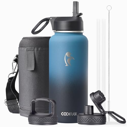 Coolflask Water Bottle 32 oz Insulated with Straw, Coolflask Stainless Steel Metal 3 Lids Water Flask Wide Mouth for Sports or Office, Non-BPA Keep Cold Up to 48 Hrs or Hot Up to 24 Hrs, Samurai Cyan - Image 1