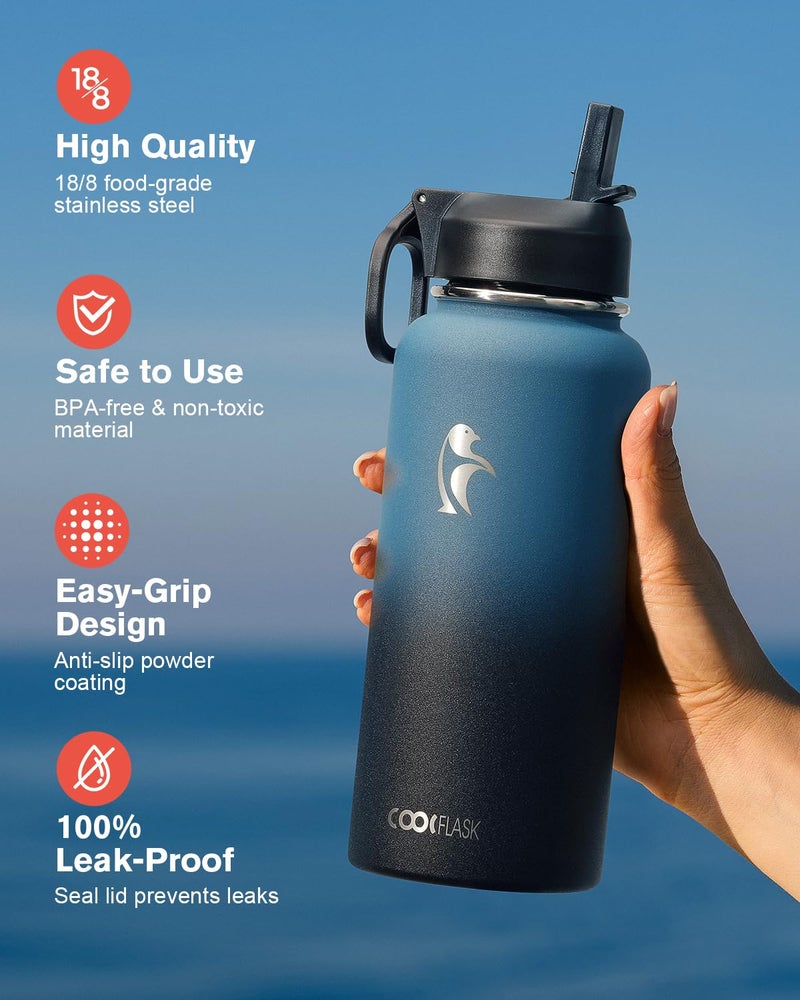 Coolflask Water Bottle 32 oz Insulated with Straw, Coolflask Stainless Steel Metal 3 Lids Water Flask Wide Mouth for Sports or Office, Non-BPA Keep Cold Up to 48 Hrs or Hot Up to 24 Hrs, Samurai Cyan - Image 3