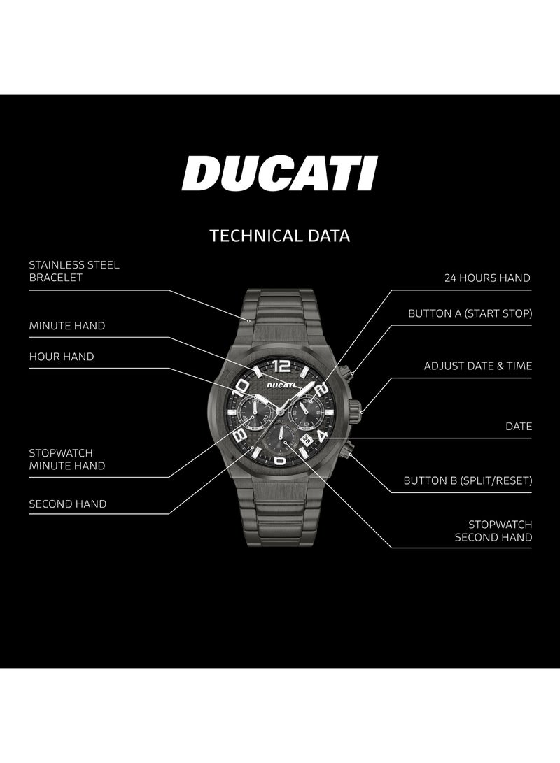 Ducati DT006 Gents Chronograph Watch - 43.5MM Multi-Layered Gun Dial, Stainless Steel Bracelet, Water Resistant up to 50M, Bold Accents for Racing Enthusiasts - Image 4