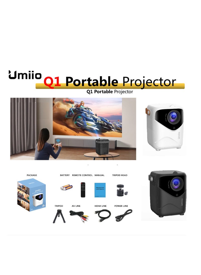 Umiio - Portable Video Projector HDMI USB Interface Wifi Game TV 1920*1080P Screen Android Projector with Tripod-White - Image 1