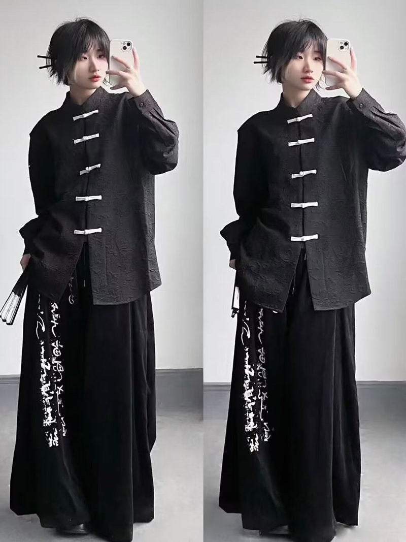 New calligraphy draped wide-leg pants dark Zhongshan suit long-sleeved shirt suit men's and women's new Chinese-style Tang suit - Image 1