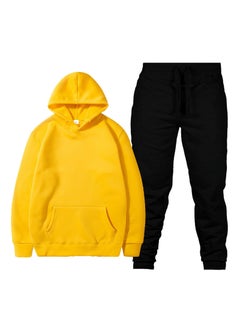 Spring New Glboard Solid Color Hooded Sweatshirt Casual Pants Fleece-Lined Pulloversuit Mens Sets Yellow clothes + black pants