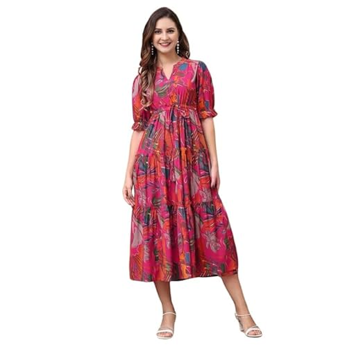 KUDUZO Floral Print Midi Dress, Puff Sleeve, V-Neck, Pink Multicolour, Tiered Design (in, Alpha, XL, Regular, Pink) - Image 1