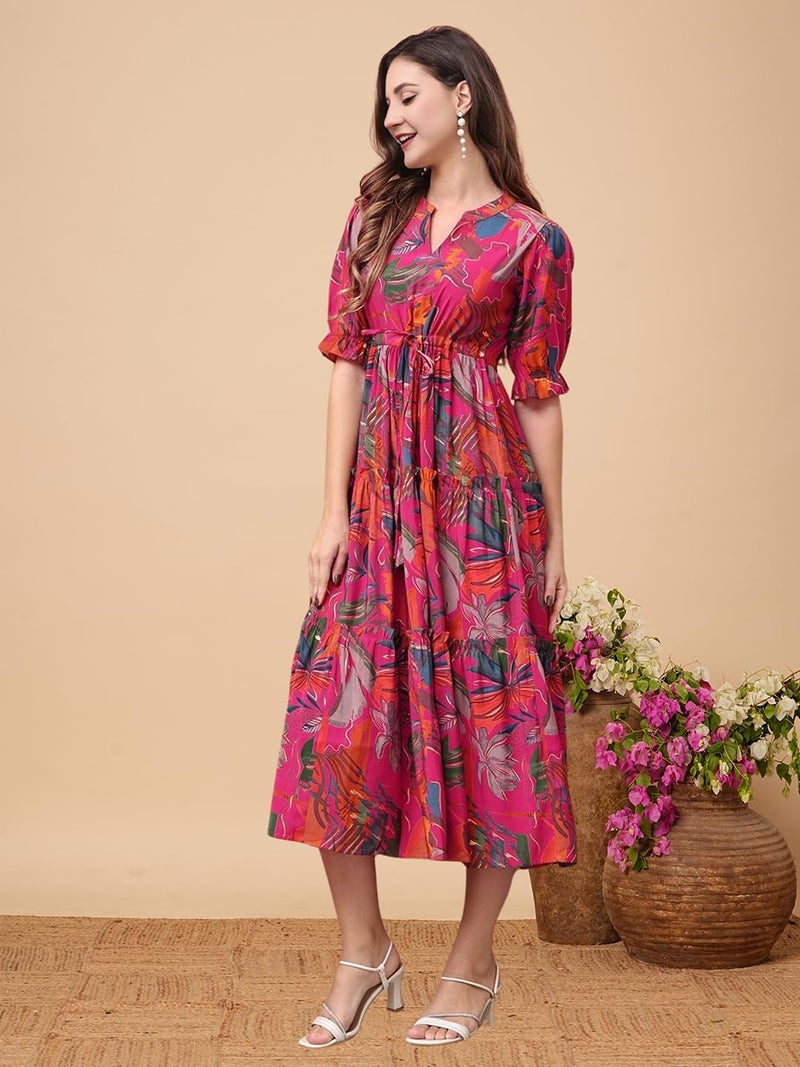 KUDUZO Floral Print Midi Dress, Puff Sleeve, V-Neck, Pink Multicolour, Tiered Design (in, Alpha, XL, Regular, Pink) - Image 5