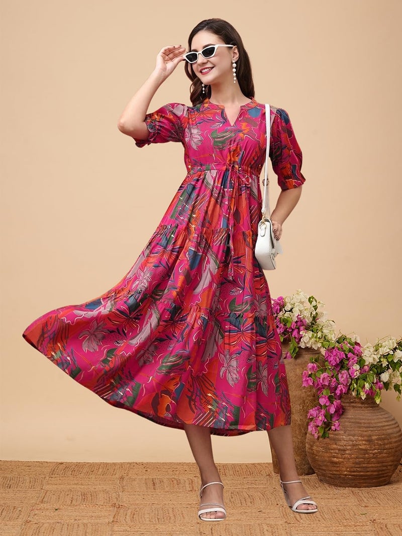 KUDUZO Floral Print Midi Dress, Puff Sleeve, V-Neck, Pink Multicolour, Tiered Design (in, Alpha, XL, Regular, Pink) - Image 3