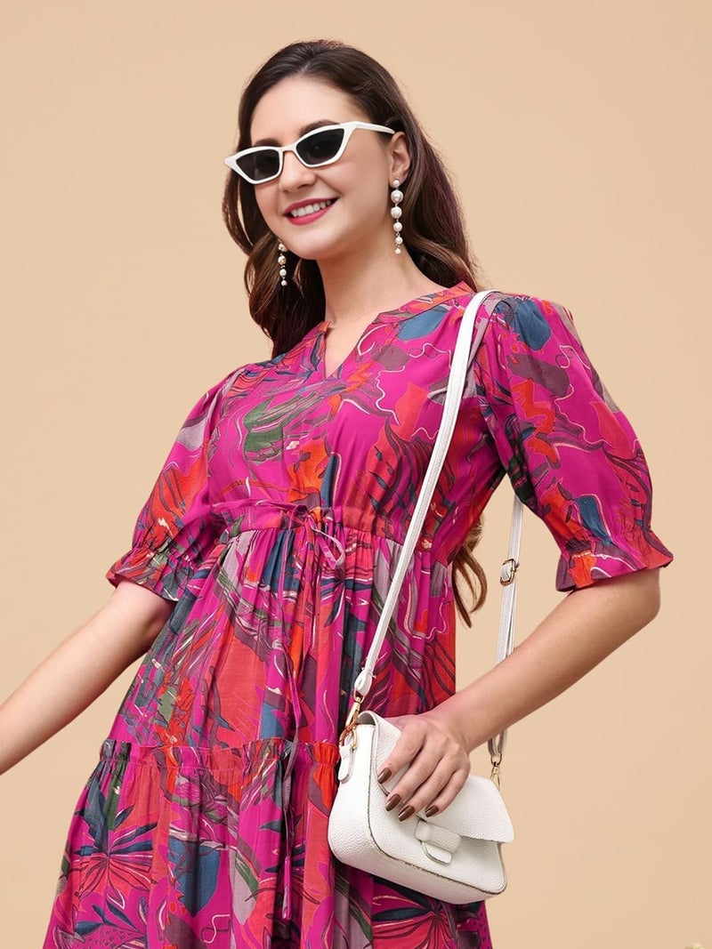 KUDUZO Floral Print Midi Dress, Puff Sleeve, V-Neck, Pink Multicolour, Tiered Design (in, Alpha, XL, Regular, Pink) - Image 2