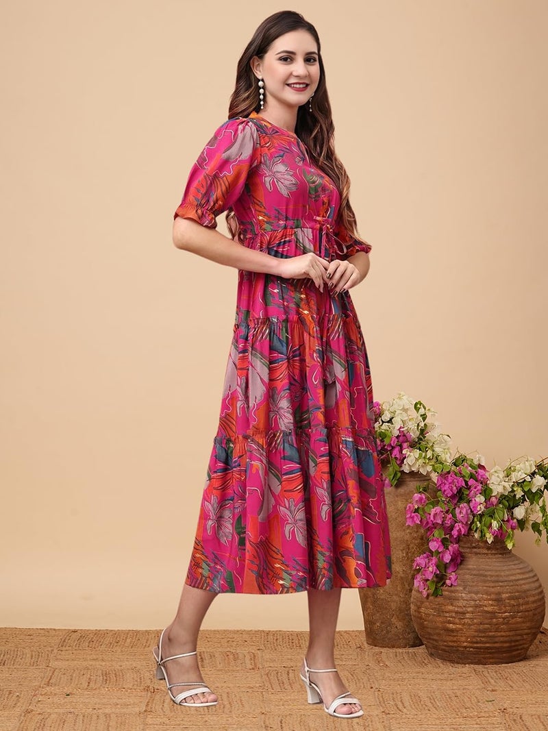 KUDUZO Floral Print Midi Dress, Puff Sleeve, V-Neck, Pink Multicolour, Tiered Design (in, Alpha, XL, Regular, Pink) - Image 4