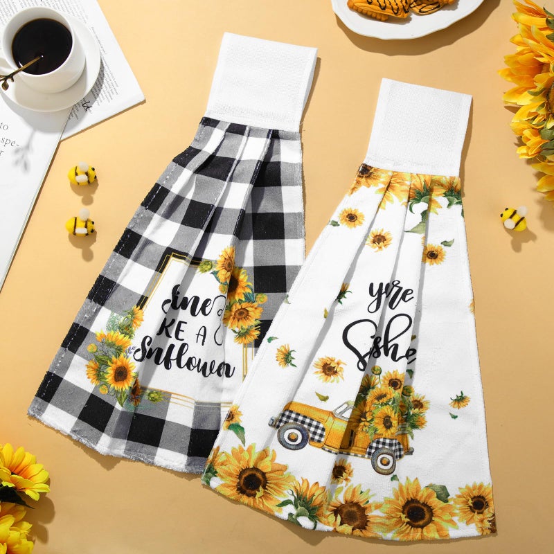 Sratte 4 Pcs Sunflower Hanging Kitchen Towels Hand Towels with Hanging Loop Summer Buffalo Plaid Gnomes Sunshine Dish Towels Bath Absorbent Oven Stove Wash Cloth for Home Decorative Housewarming Gift - Image 3