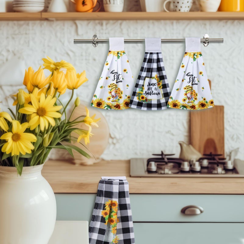 Sratte 4 Pcs Sunflower Hanging Kitchen Towels Hand Towels with Hanging Loop Summer Buffalo Plaid Gnomes Sunshine Dish Towels Bath Absorbent Oven Stove Wash Cloth for Home Decorative Housewarming Gift - Image 2