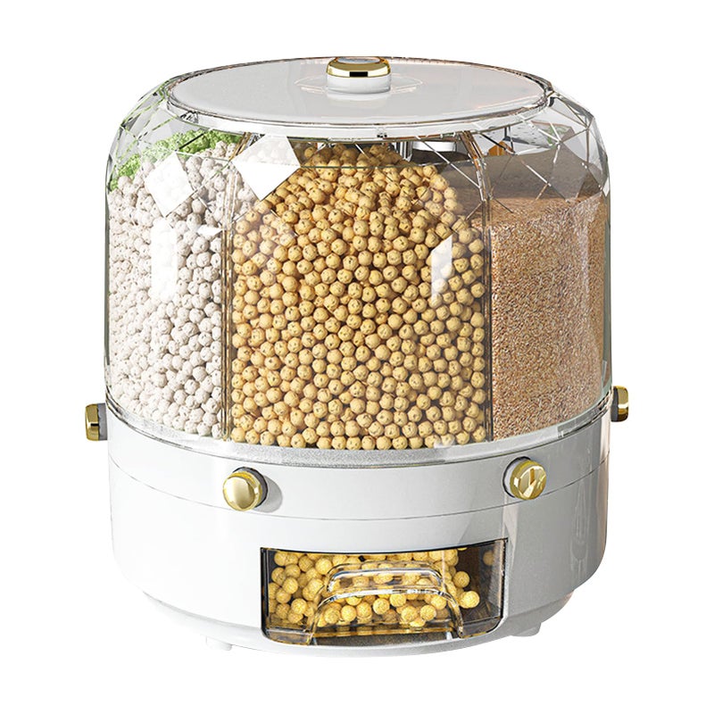 Natudeco Grain Storage Container Rotatable Rice Dispenser Box 6 Grid Grain Dispenser 360 Degree Rotating Food Dispenser Cereal Dispenser Countertop for Beans Rice Grains(white) - Image 1