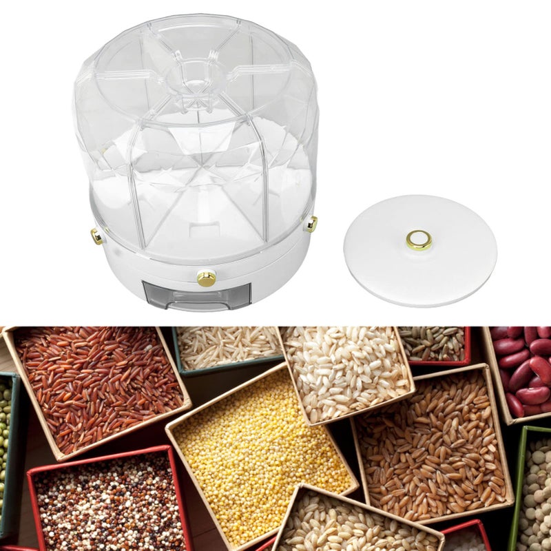 Natudeco Grain Storage Container Rotatable Rice Dispenser Box 6 Grid Grain Dispenser 360 Degree Rotating Food Dispenser Cereal Dispenser Countertop for Beans Rice Grains(white) - Image 2