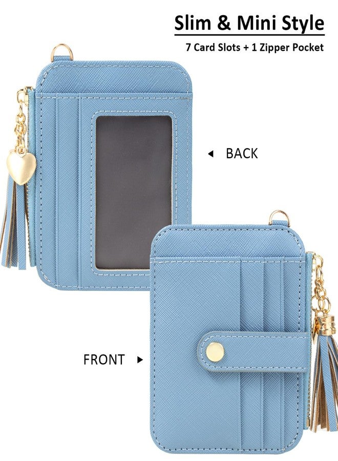 KOTORA Small Card Case Womens Wristlet Keychian Card Holder Cash Coin Purse Girls Cute Tassel Wallet Slim Front Pocket Zip Wallets (Blue) - Image 3