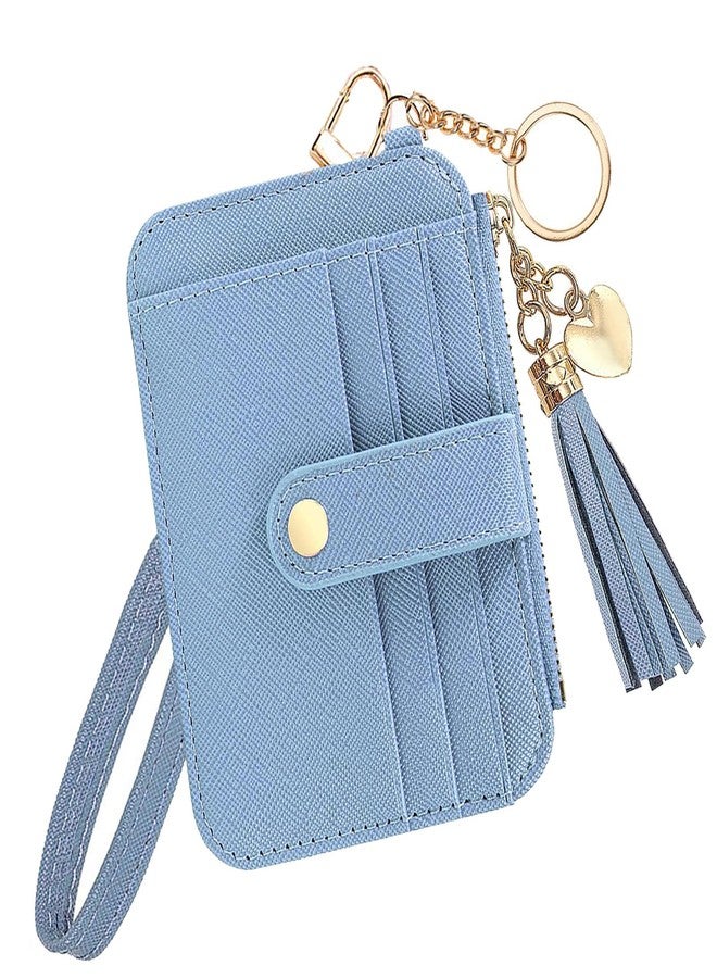 KOTORA Small Card Case Womens Wristlet Keychian Card Holder Cash Coin Purse Girls Cute Tassel Wallet Slim Front Pocket Zip Wallets (Blue) - Image 1