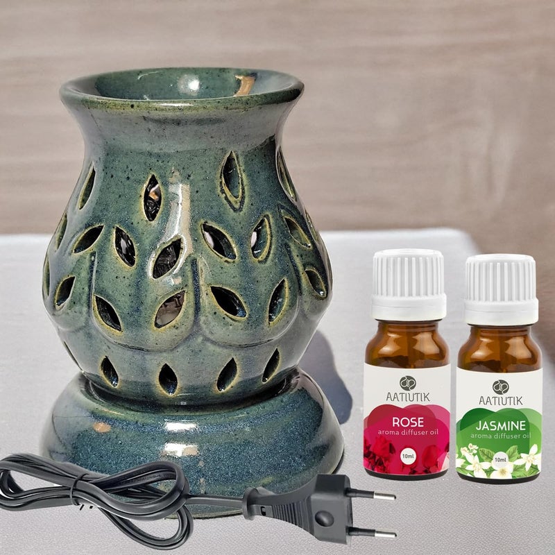 Aatiutik Aatiutik Handcrafted Ceramic Electric Fragrance Aroma Diffuser Oil Burners Nigh Lamp Light Electric Diffuser for Home Rose and Jasmine Fragrance Oils of 10 ml Each - Image 1