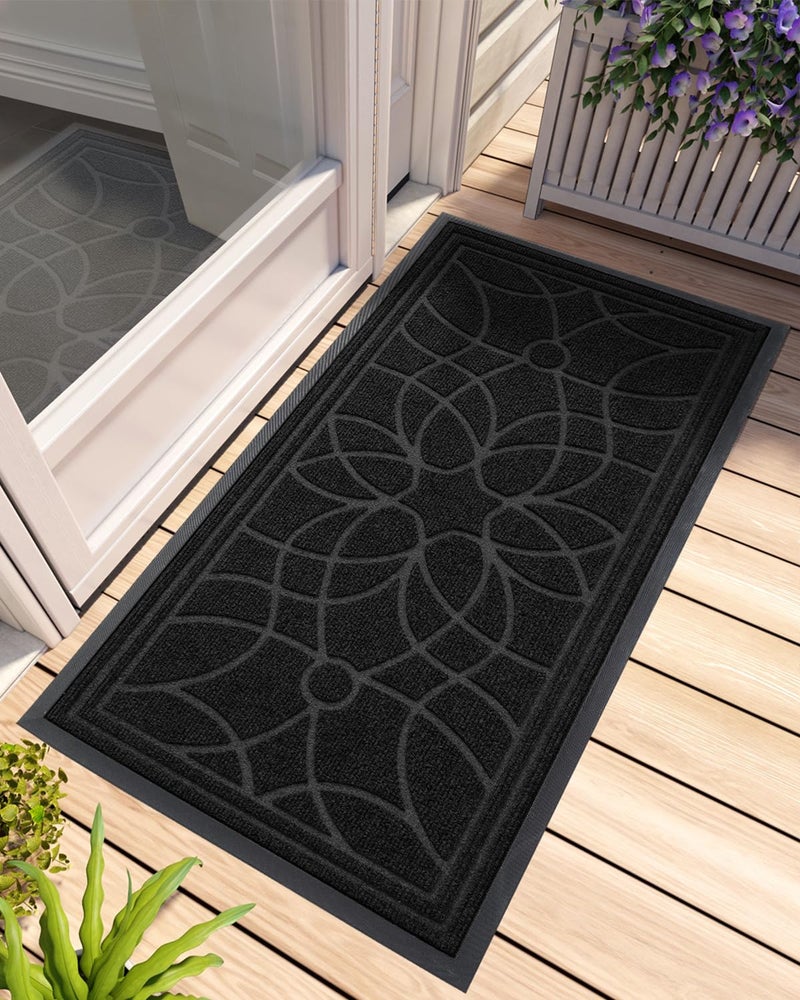 DEXI Front Door Mat Outside Entrance Heavy Duty Non Slip Low Profile Doormat for Entryway Trap Dirt and Moisture Welcome Mats Easy Clean Patio Garage 4x2 Black