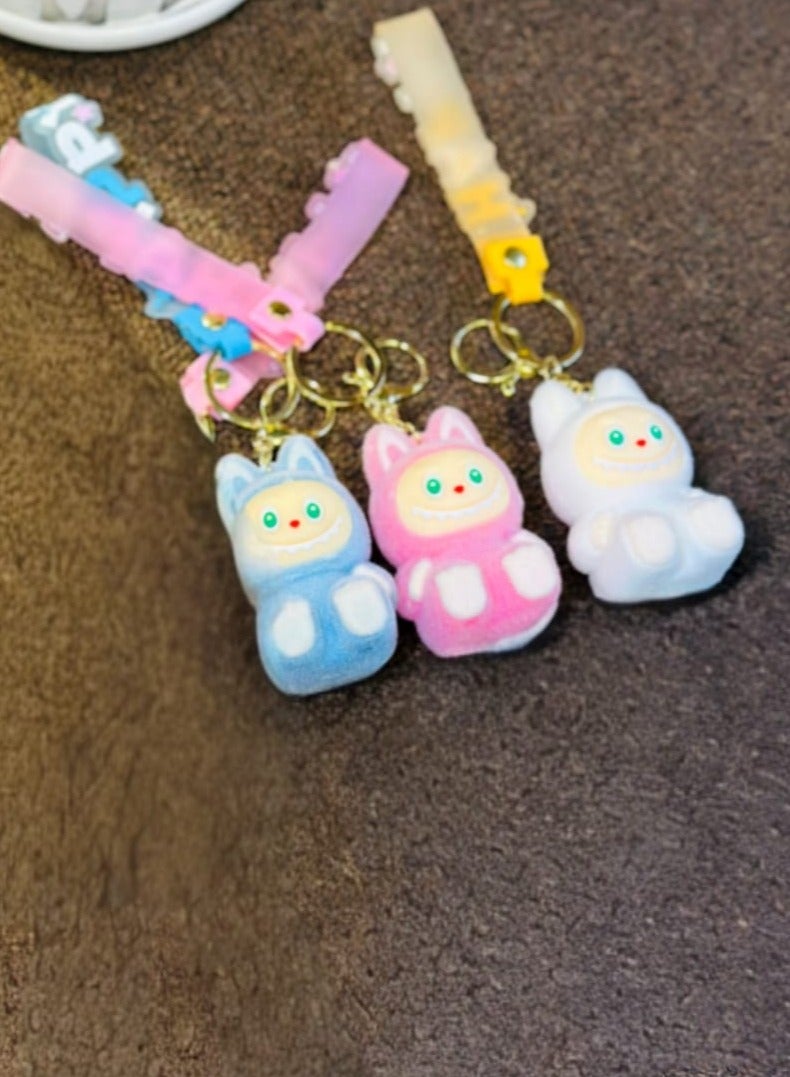 LABUBU 3 Pieces Of Mix Cute Labubu Keychain Set – Colorful ‘Happy’ Strap Charms for Bags, Keys & Gifts 