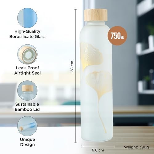 UMAI Water Bottle | Borosilicate Glass | Gradient Water Bottle With Bamboo Lid For Home Office & Travel Use | Leak Proof | 750ml | Glass Water Bottle For Fridge | Blue-Pink (Golden) - Image 4