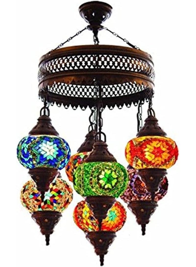 Quick Cart Turkish Moroccan Mosaic Chandelier Tiffany Style 7-Globe Ceiling Lamp Bohemian Hanging Pendant Light | Perfect for House warming, Birthday & Anniversery Gift | Perfect For Office & Hotel 