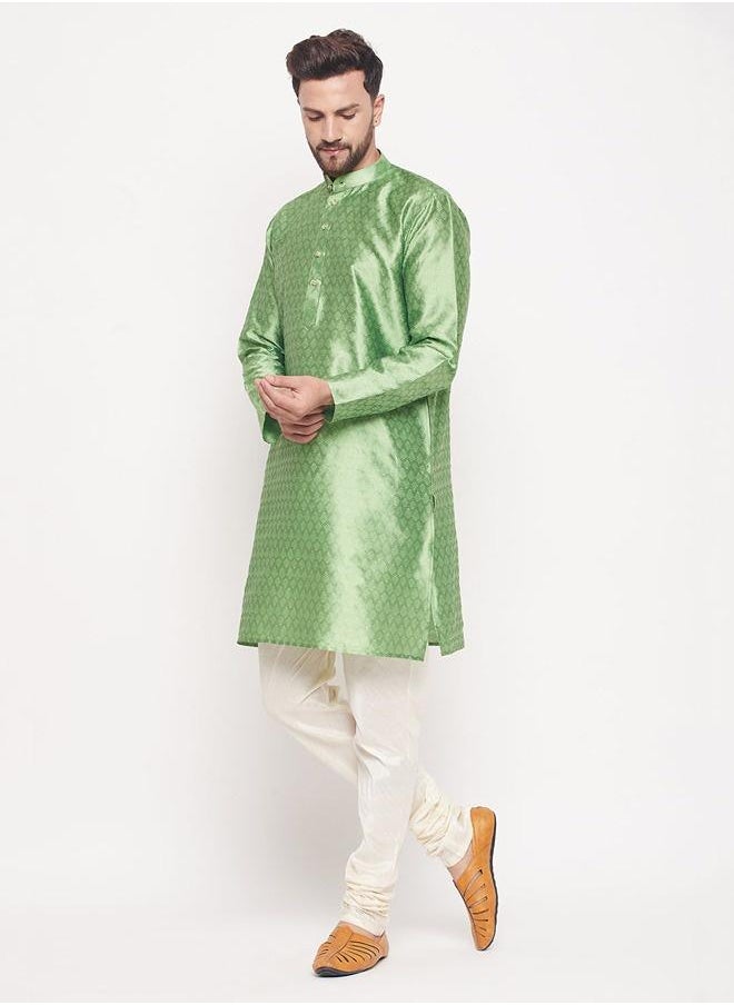PRASHA - Men's Mint Green And Cream Silk Blend Kurta Pyjama Set - Image 1