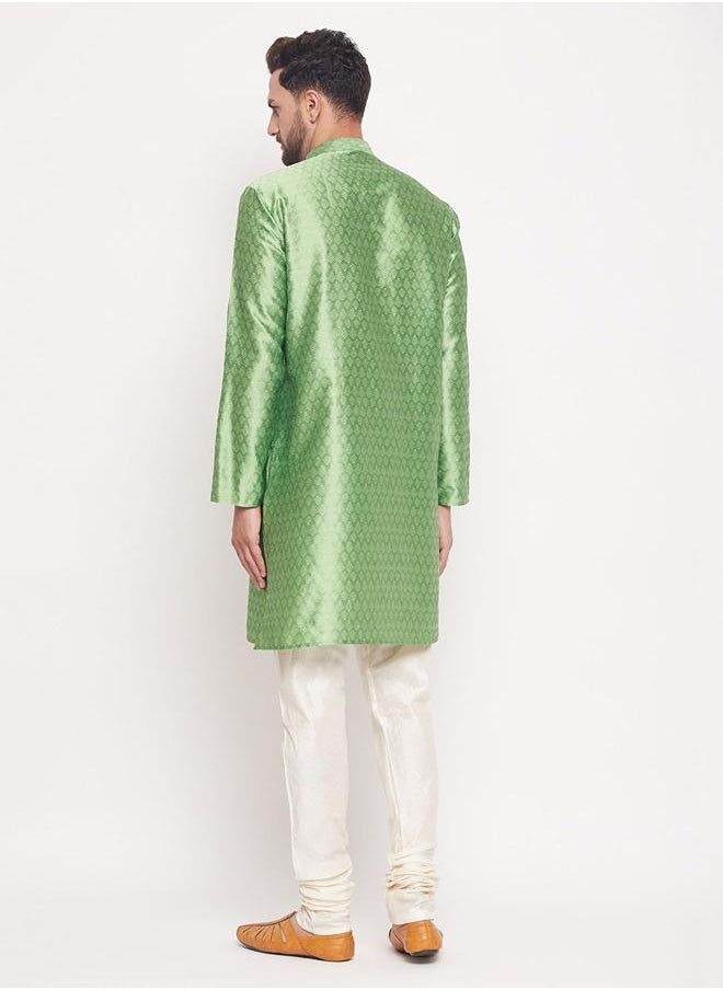 PRASHA - Men's Mint Green And Cream Silk Blend Kurta Pyjama Set - Image 1