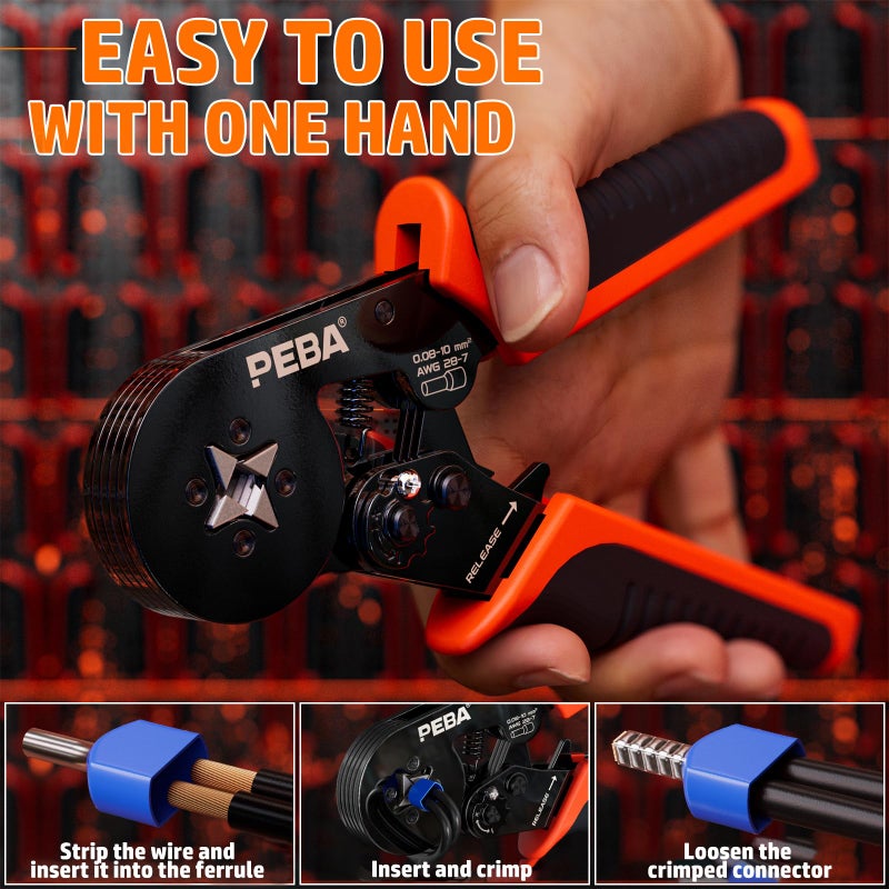 PEBA Ferrule Crimping Tool Kit, AWG 28-7 Self-Adjusting Ratchet Wire Crimper with 21 Sizes Tinned Copper Terminals (8/9/10/12mm), Square Ferrule Crimping Pliers Set for Professional Electrical Wiring - Image 2