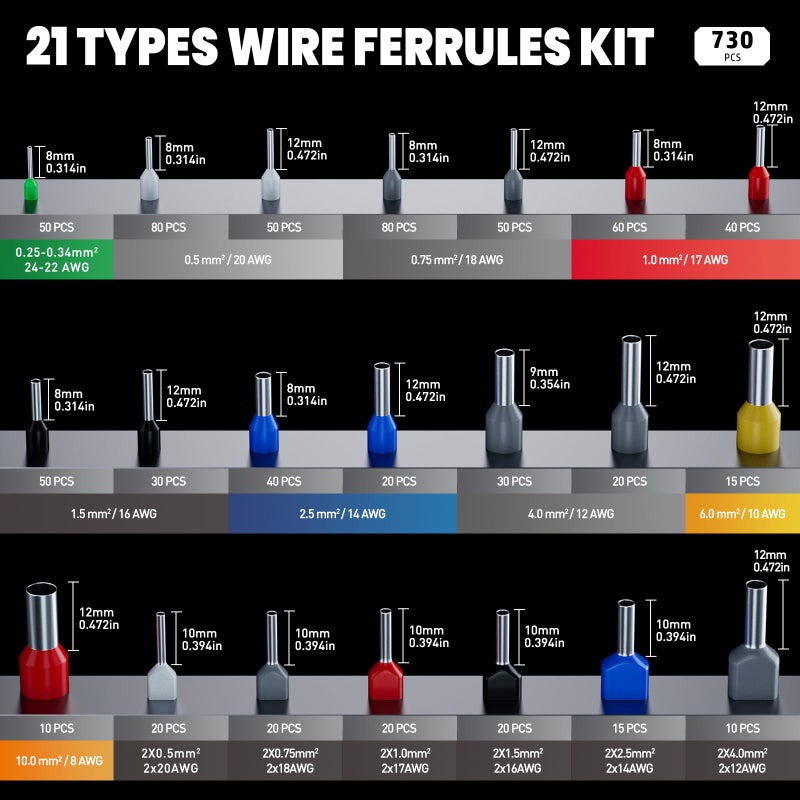 PEBA Ferrule Crimping Tool Kit, AWG 28-7 Self-Adjusting Ratchet Wire Crimper with 21 Sizes Tinned Copper Terminals (8/9/10/12mm), Square Ferrule Crimping Pliers Set for Professional Electrical Wiring - Image 3
