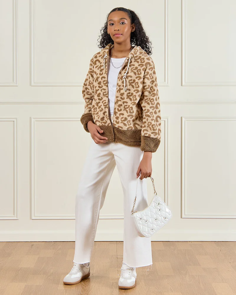 Redtag Senior Girls Beige Hooded Fur Jacket