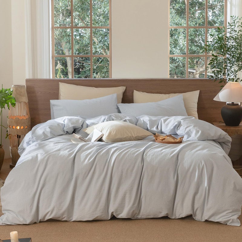 MooMee Striped Duvet Cover Set 100 Washed Cotton Linen Like Textured Breathable Durable Soft Comfy Cornflower Blue White Pinstripes Queen 90x90