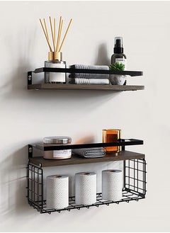 XiuWoo 2 PCS Floating Home Wood Wall Mounted Shelves Rustic and Bathroom Rack Set with Storage Basket, Screw to Install  - Image 1