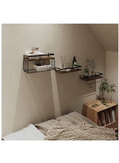 XiuWoo 2 PCS Floating Home Wood Wall Mounted Shelves Rustic and Bathroom Rack Set with Storage Basket, Screw to Install  - Image 4