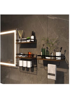 XiuWoo 2 PCS Floating Home Wood Wall Mounted Shelves Rustic and Bathroom Rack Set with Storage Basket, Screw to Install  - Image 3