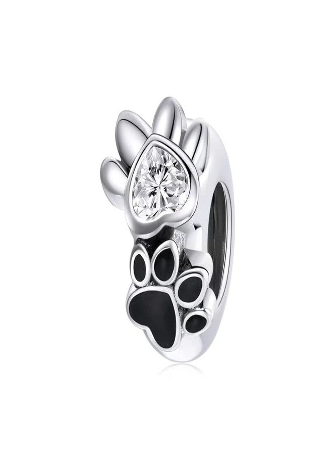 Qings Pet Footprints Charms Bead - 925 Sterling Silver Paw Print Pendant Enamel Process Cubic Zirconia for Bracelet Gift for Women - Image 1