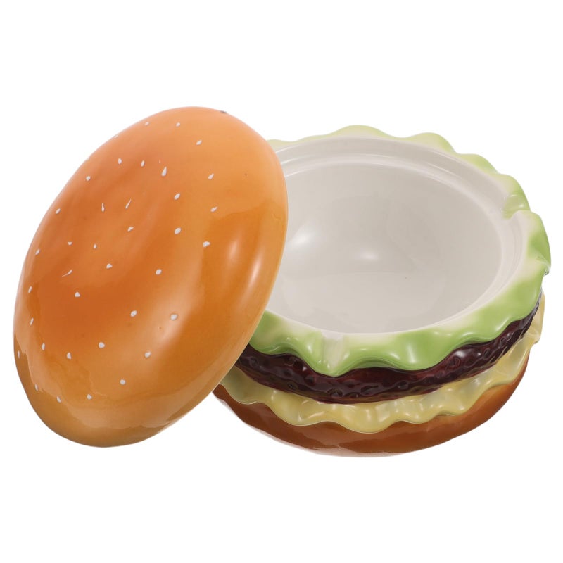 Ceramic Hamburger Ashtray With Lid Waterproof Desktop Ash Holder For Indoor Outdoor - Image 2