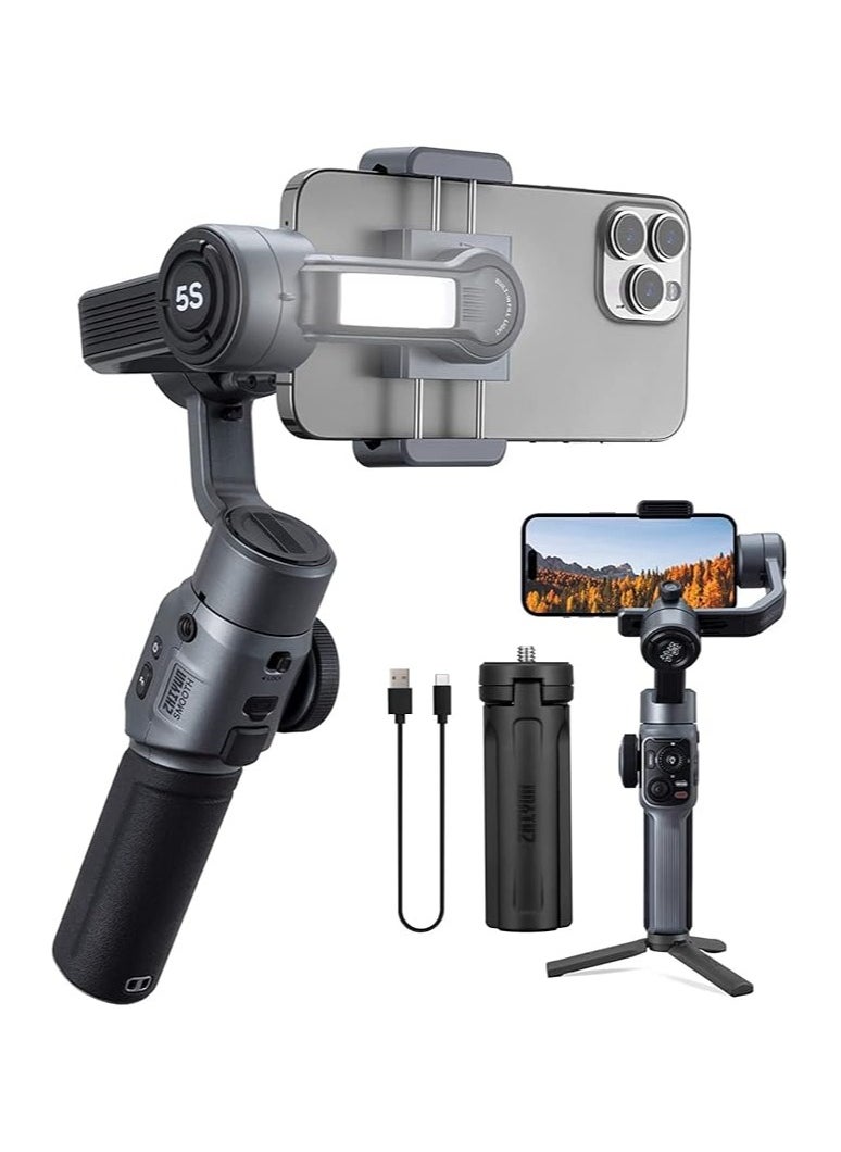 Zhiyun Zhiyun Smooth 5S Professional Gimbal Stabilizer for Smartphone, Handheld 3-Axis Phone Gimbal, Portable Stabilizer for Vlogging, YouTube, Tiktok, Live Video Compatible with iPhone and Android - Gray  - Image 1