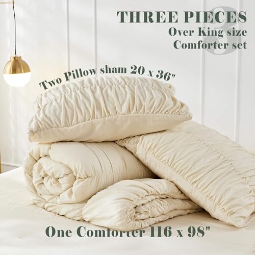 Bonlino King Size Comforter Set Bedding - Ruched Wheat Comforter King Bed Set Boho Shabby Chic 3 Piece Ruffle Comforter Set with Pillow White Fluffy Soft and Luxury - Image 5