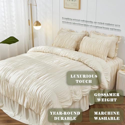 Bonlino King Size Comforter Set Bedding - Ruched Wheat Comforter King Bed Set Boho Shabby Chic 3 Piece Ruffle Comforter Set with Pillow White Fluffy Soft and Luxury - Image 2