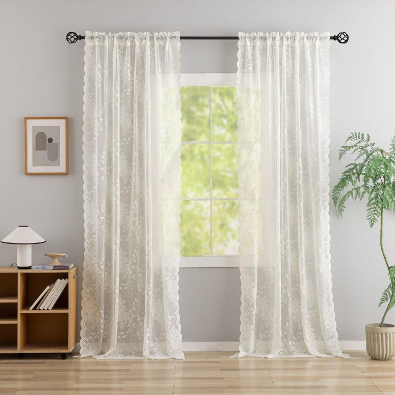 YJ YANJUN Ivory Lace Curtains 84 inches Long Vintage Victorian Floral Sheer Drapes for Dining Living Room Bedroom, 2 Panels Light Filtering Romantic Cottage Farmhouse Decor W52 X L84 Cream - Image 2